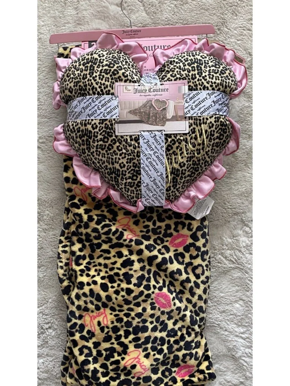 Set Juicy Couture‎ Leopard Cheetah Plush Throw Blanket 60”X70” & Pillow 18”X18”